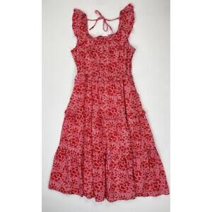 J.CREW Factory Red Pink Floral Sleeveless Tiered Tie Back Dress Pockets Size 10